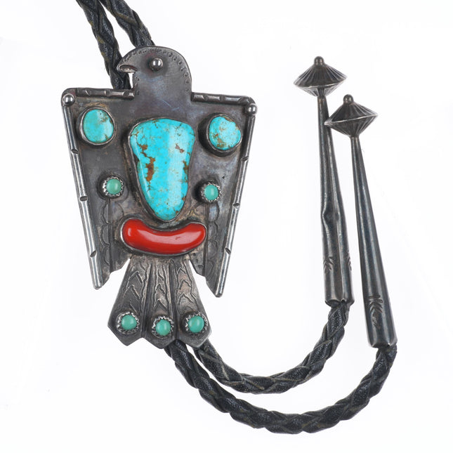 Vintage Native American sterling silver turquoise/coral thunderbird bolo tie