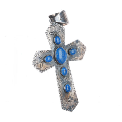 Nicholas Jackson Navajo sterling silver denim Lapis large stamped cross pendant