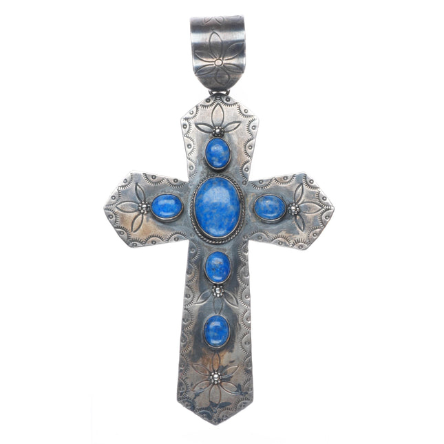 Nicholas Jackson Navajo sterling silver denim Lapis large stamped cross pendant