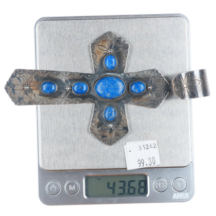 Nicholas Jackson Navajo sterling silver denim Lapis large stamped cross pendant