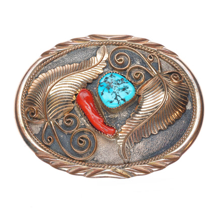 Julia Etsitty Navajo Sterling silver/gold filled turquoise/coral belt buckle
