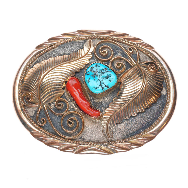 Julia Etsitty Navajo Sterling silver/gold filled turquoise/coral belt buckle