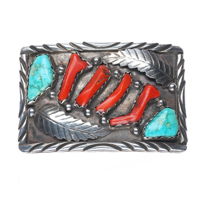 Vintage ML Navajo sterling silver turquoise, branch coral belt buckle