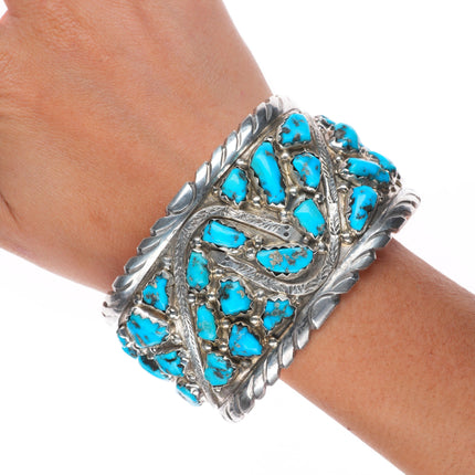 8.25"  Wayne Cheama Zuni sterling silver snake cuff bracelet turquoise cluster