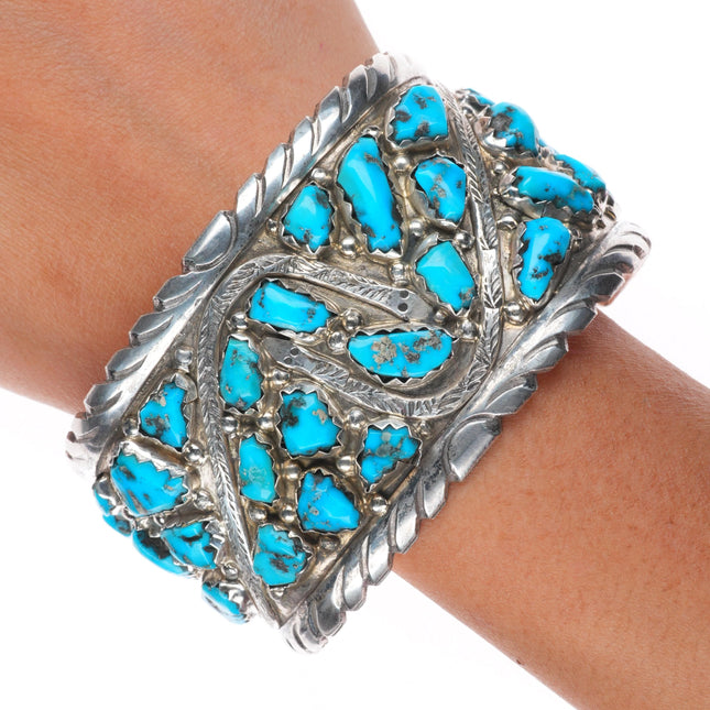 8.25"  Wayne Cheama Zuni sterling silver snake cuff bracelet turquoise cluster