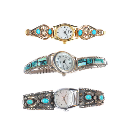 3 Vintage Navajo sterling silver turquoise/channel inlay/gold filled watch tips