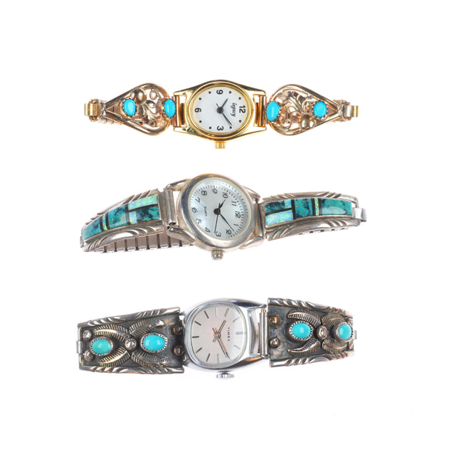 3 Vintage Navajo sterling silver turquoise/channel inlay/gold filled watch tips