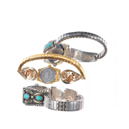 3 Vintage Navajo sterling silver turquoise/channel inlay/gold filled watch tips
