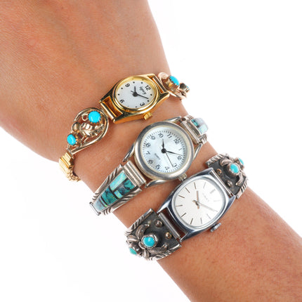 3 Vintage Navajo sterling silver turquoise/channel inlay/gold filled watch tips
