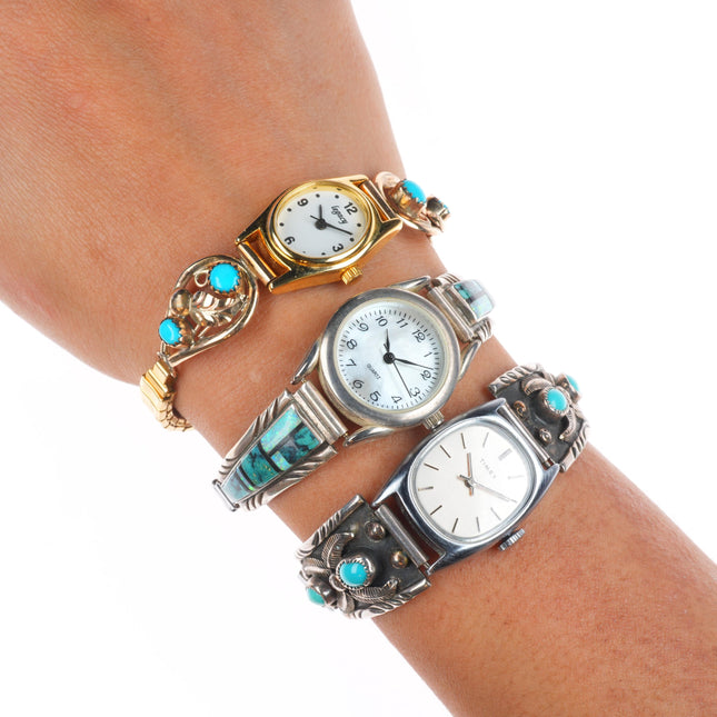 3 Vintage Navajo sterling silver turquoise/channel inlay/gold filled watch tips