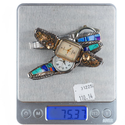 3 Vintage Navajo sterling silver turquoise/channel inlay/gold fill watch tips