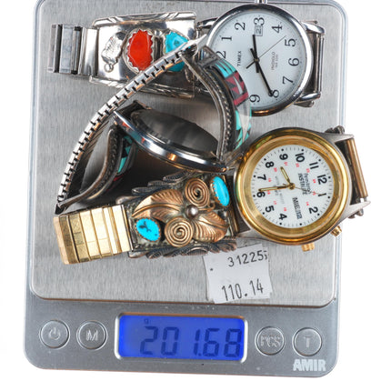 3 Vintage Navajo/Zuni sterling silver watch tips gold filled channel inlay