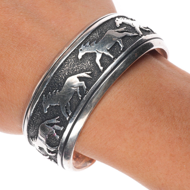 6.6" Vintage Tommy Singer Navajo sterling silver horses cuff bracelet