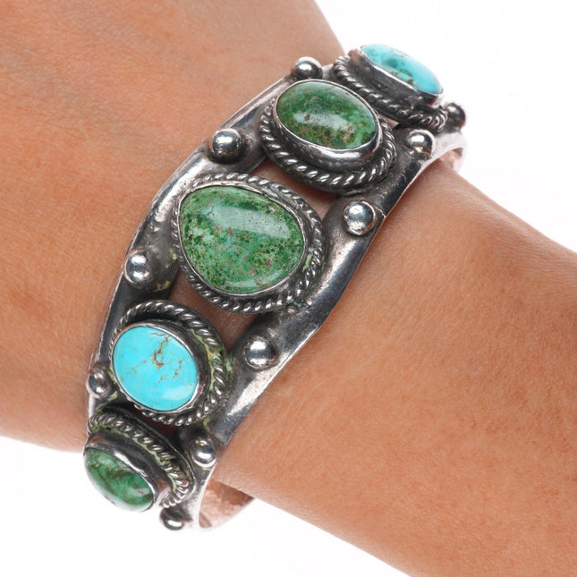 7" Vintage Navajo sterling silver turquoise graduated row cuff bracelet