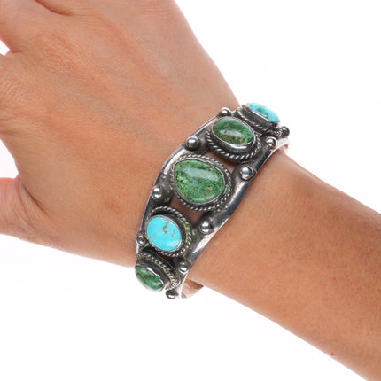 7" Vintage Navajo sterling silver turquoise graduated row cuff bracelet