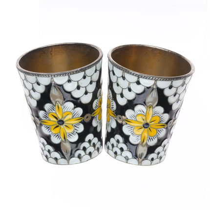 2 Russian gilt 916 silver enamel shot glasses/Vodka cups sterling