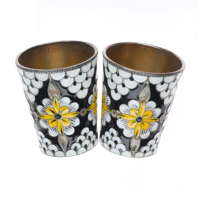 2 Russian gilt 916 silver enamel shot glasses/Vodka cups sterling