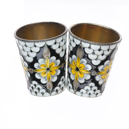 2 Russian gilt 916 silver enamel shot glasses/Vodka cups sterling