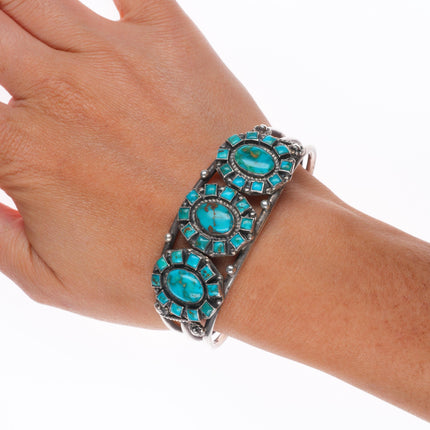 6.5" c1940 Zuni Blue Gem Turquoise sterling silver  square cluster cuff bracelet