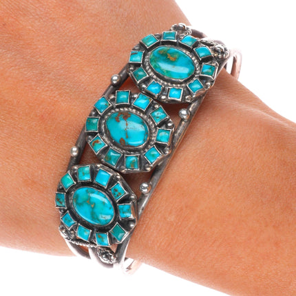 6.5" c1940 Zuni Blue Gem Turquoise sterling silver  square cluster cuff bracelet