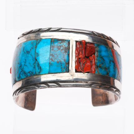7.25" Wayne Paquin Zuni sterling silver turquoise/coral inlay cuff bracelet