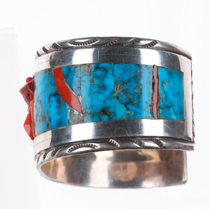 7.25" Wayne Paquin Zuni sterling silver turquoise/coral inlay cuff bracelet
