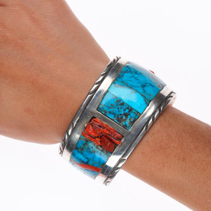 7.25" Wayne Paquin Zuni sterling silver turquoise/coral inlay cuff bracelet