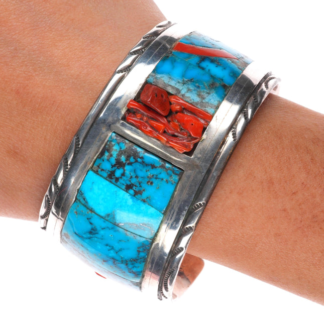 7.25" Wayne Paquin Zuni sterling silver turquoise/coral inlay cuff bracelet