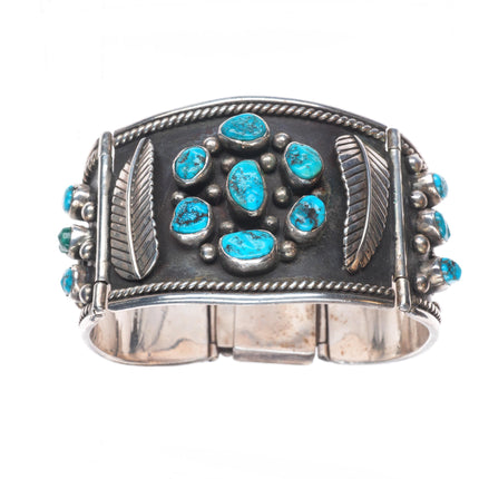 7" Heavy/wide Vintage Navajo sterling silver turquoise cluster link bracelet