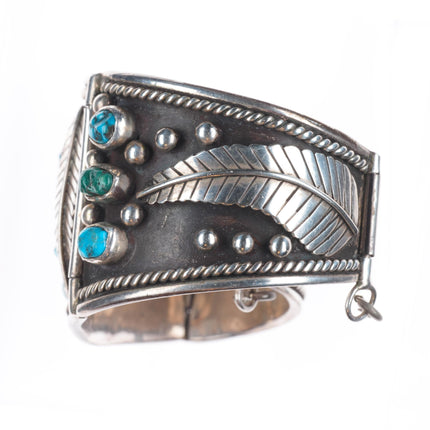 7" Heavy/wide Vintage Navajo sterling silver turquoise cluster link bracelet