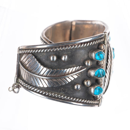 7" Heavy/wide Vintage Navajo sterling silver turquoise cluster link bracelet