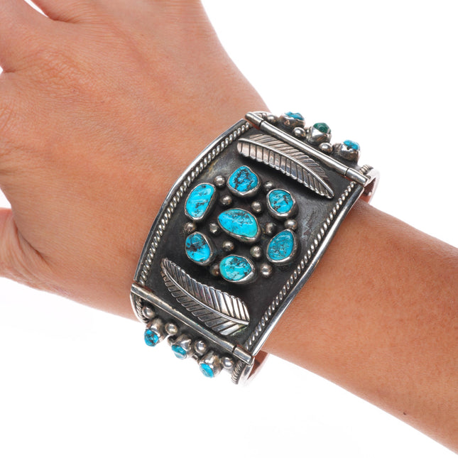 7" Heavy/wide Vintage Navajo sterling silver turquoise cluster link bracelet