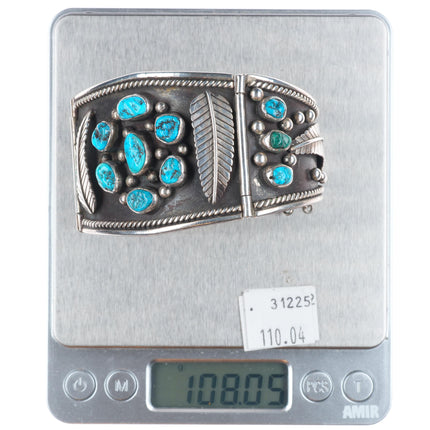 7" Heavy/wide Vintage Navajo sterling silver turquoise cluster link bracelet