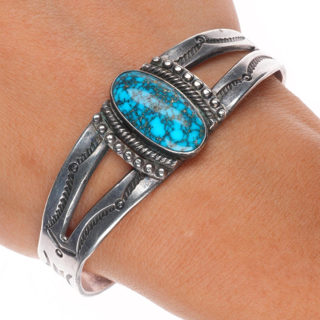 6.7" c1940 Navajo Lone Mountain turquoise vintage sterling silver cuff bracelet