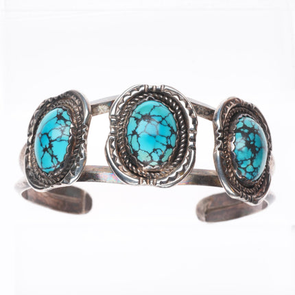 7" Vintage Navajo sterling silver spiderweb turquoise 3 stone cuff bracelet