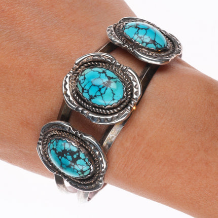 7" Vintage Navajo sterling silver spiderweb turquoise 3 stone cuff bracelet