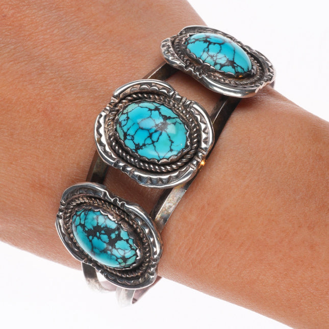 7" Vintage Navajo sterling silver spiderweb turquoise 3 stone cuff bracelet