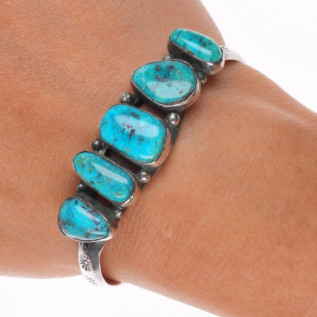 6" c1950 Vintage Navajo sterling silver abstract turquoise row cuff bracelet