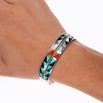 6.5" Andrew Dewa Zuni sterling silver intarsia inlay cuff bracelet turquoise