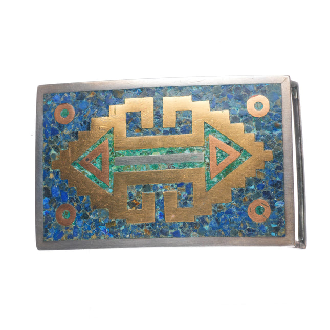c1960's Taxco Sterling silver Chrysocolla inlay mixed metals/ brass belt buckle