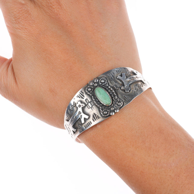 6.25" 30's-40's Fred Harvey snakes/dogs sterling silver turquoise cuff bracelet