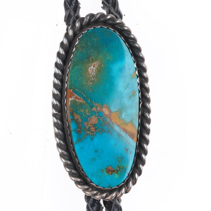 Vintage Navajo Blue Gem turquoise sterling silver rope edge bolo tie