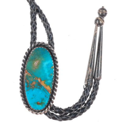 Vintage Navajo Blue Gem turquoise sterling silver rope edge bolo tie