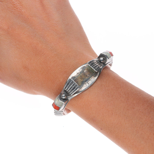 6.25" CL vintage Zuni sterling silver, coral, shell inlay watch cuff bracelet