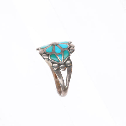 sz8.75 vintage Zuni sterling silver flower form flush inlay turquoise ring