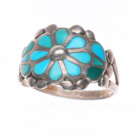 sz8.75 vintage Zuni sterling silver flower form flush inlay turquoise ring