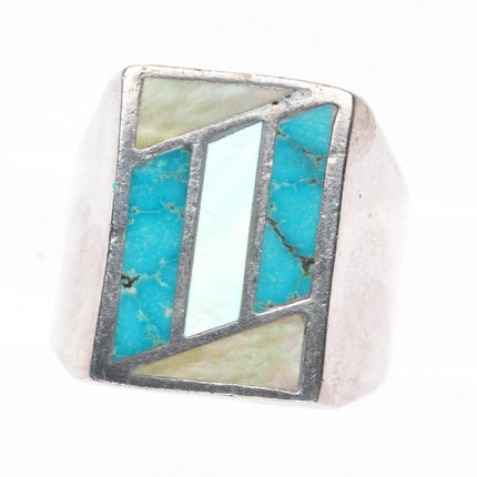 sz11 Vintage Navajo sterling silver turquoise/shell channel inlay size 11 ring