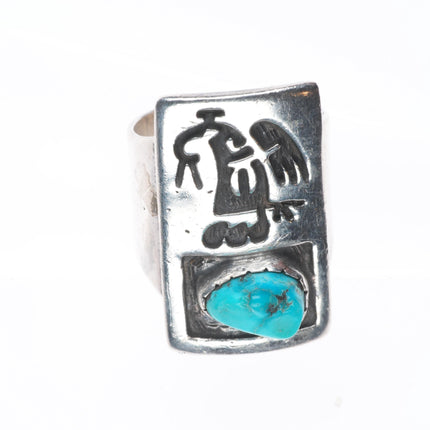 sz9 Vintage Navajo sterling silver bird overlay ring with turquoise size 9