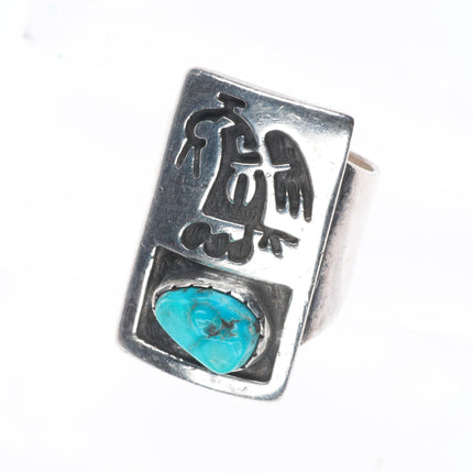 sz9 Vintage Navajo sterling silver bird overlay ring with turquoise size 9