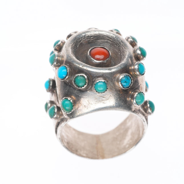 sz11 Vintage Native American Modernist sterling silver turquoise/coral ring